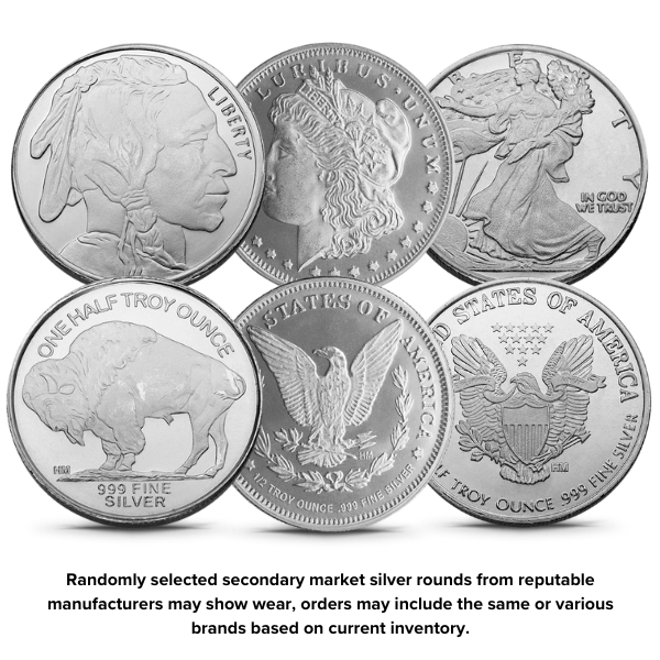 Assorted 1/2 oz .999 fine silver rounds from the secondary market featuring Buffalo, Morgan, and Walking Liberty designs in varied conditions.
