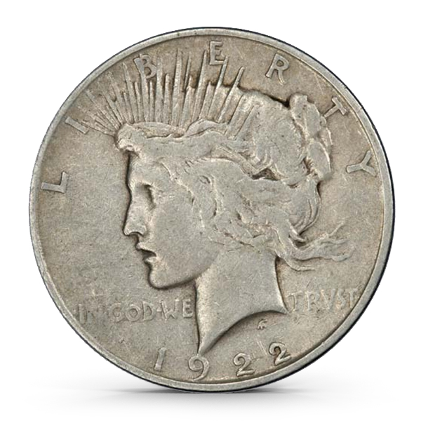 Obverse of a circulated 1922 Peace silver dollar showing Lady Liberty with natural toning and light wear on the high points