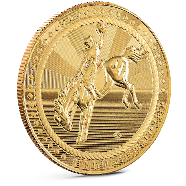 1 troy oz .9999 fine gold round featuring a bucking bronco and rider design