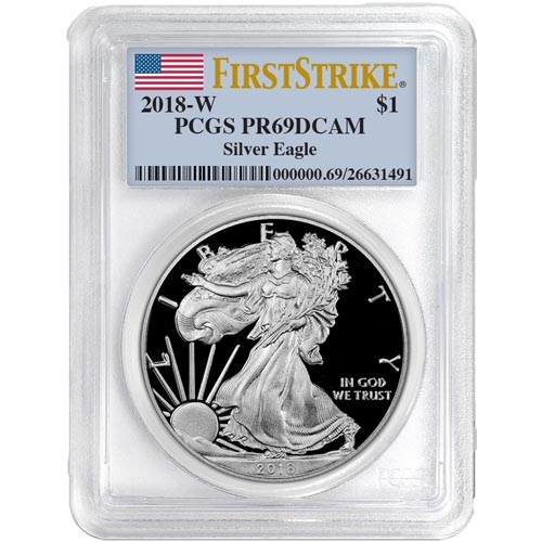 Certified 2018-W American Proof Silver Eagle graded PCGS PR69 Deep Cameo and housed in a protective slab with a First Strike Flag Label. The coin features Adolph A. Weinman’s Walking Liberty design with frosted details set against highly reflective, mirror-like fields, showcasing the distinctive appearance of a proof silver coin.