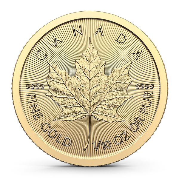 Close-up of a 1/10 oz Canadian Gold Maple Leaf coin showing the detailed maple leaf design, radial security lines, and .9999 fine gold purity on a clean neutral background.
