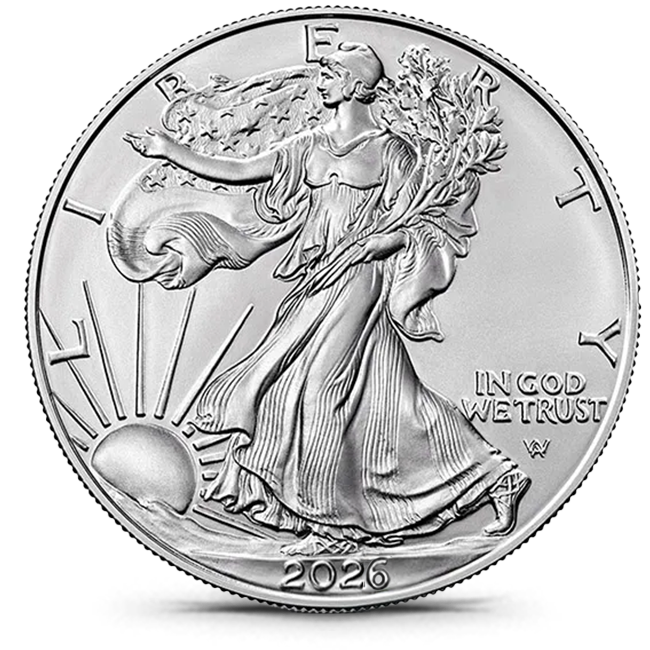 2026 1 oz American Silver Eagle Obverse – Walking Liberty design with rising sun, draped flag, and olive branch, with inscriptions “LIBERTY,” “In God We Trust,” and “2026.”