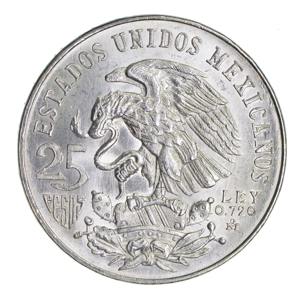 1968 Mexico Silver 25 Pesos Olympic Avg Circ (ASW .5209 oz