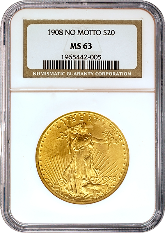 Buy 1908 No Motto $20 Saint Gaudens Gold Double Eagle NGC MS63