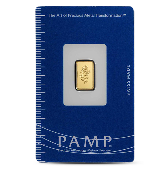 1 gram PAMP Suisse gold bar featuring a rose design, sealed in blue assay card packaging