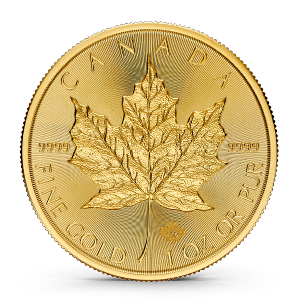 1 oz Canadian Gold Maple Leaf coin reverse showing the iconic maple leaf design with .9999 fine gold purity marking