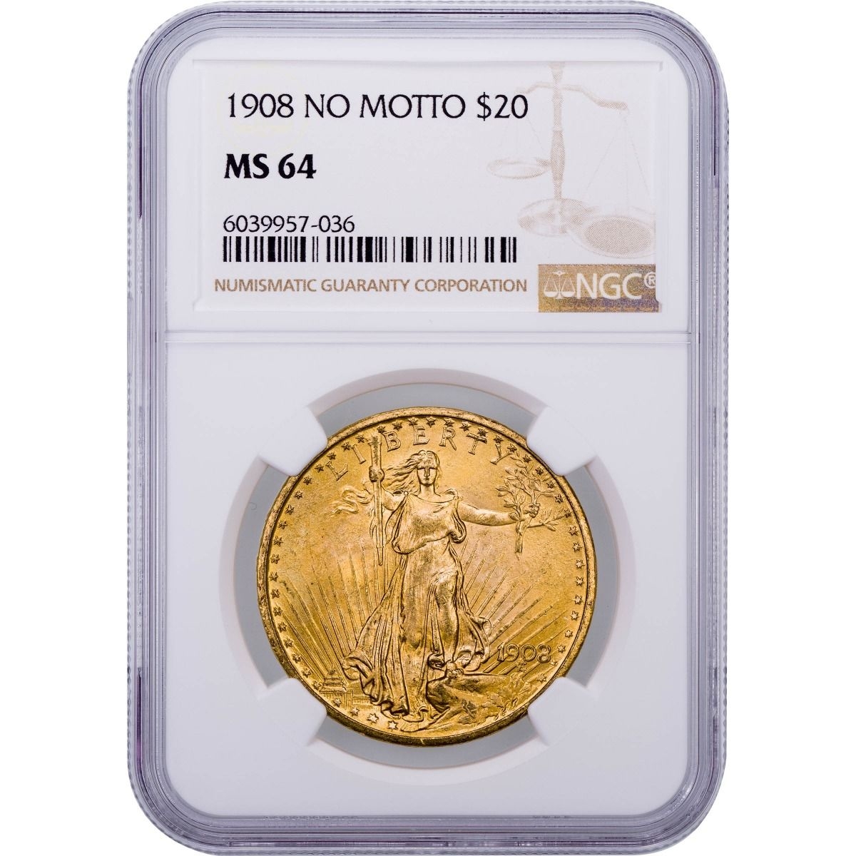 Buy 1908 No Motto $20 Saint Gaudens Gold Double Eagle NGC MS64