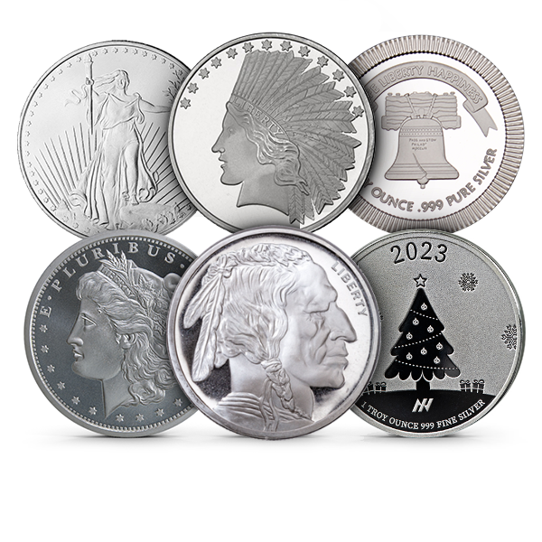 1 oz .999 silver round, design our choice, shown as a generic bullion round.