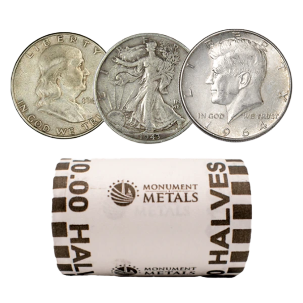 Roll of $10 face value 90% silver half dollars from Monument Metals, showing mixed designs including Franklin Half, Walking Liberty Half, and 1964 Kennedy Half.