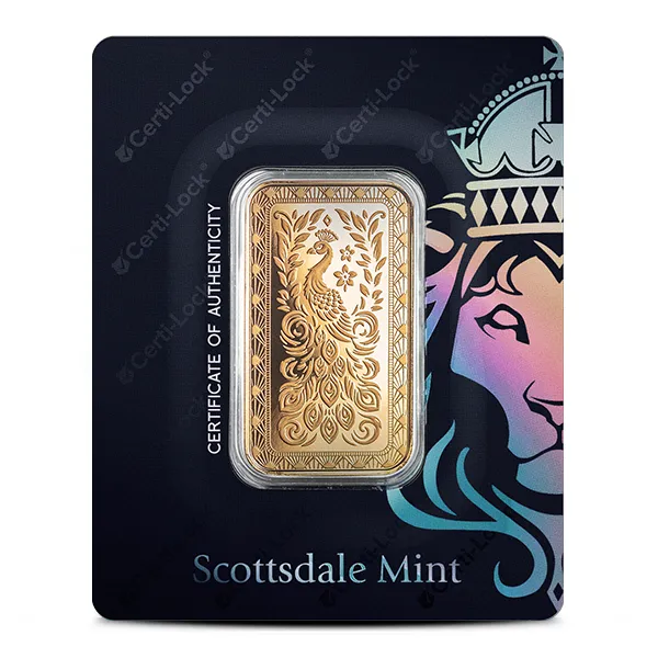 Scottsdale Mint | 1 Oz Marquee Peacock Gold Bar (New In Assay