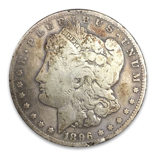 Obverse of a circulated 1896 Morgan silver dollar with visible toning and surface wear consistent with cull condition