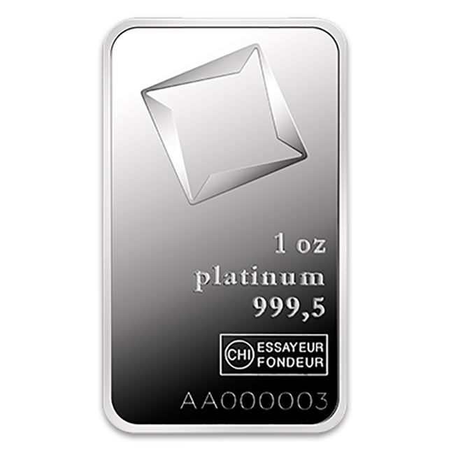 Front of a 1 oz platinum bar marked “999.5,” with geometric design, assay stamp, and serial number on a smooth silver surface.